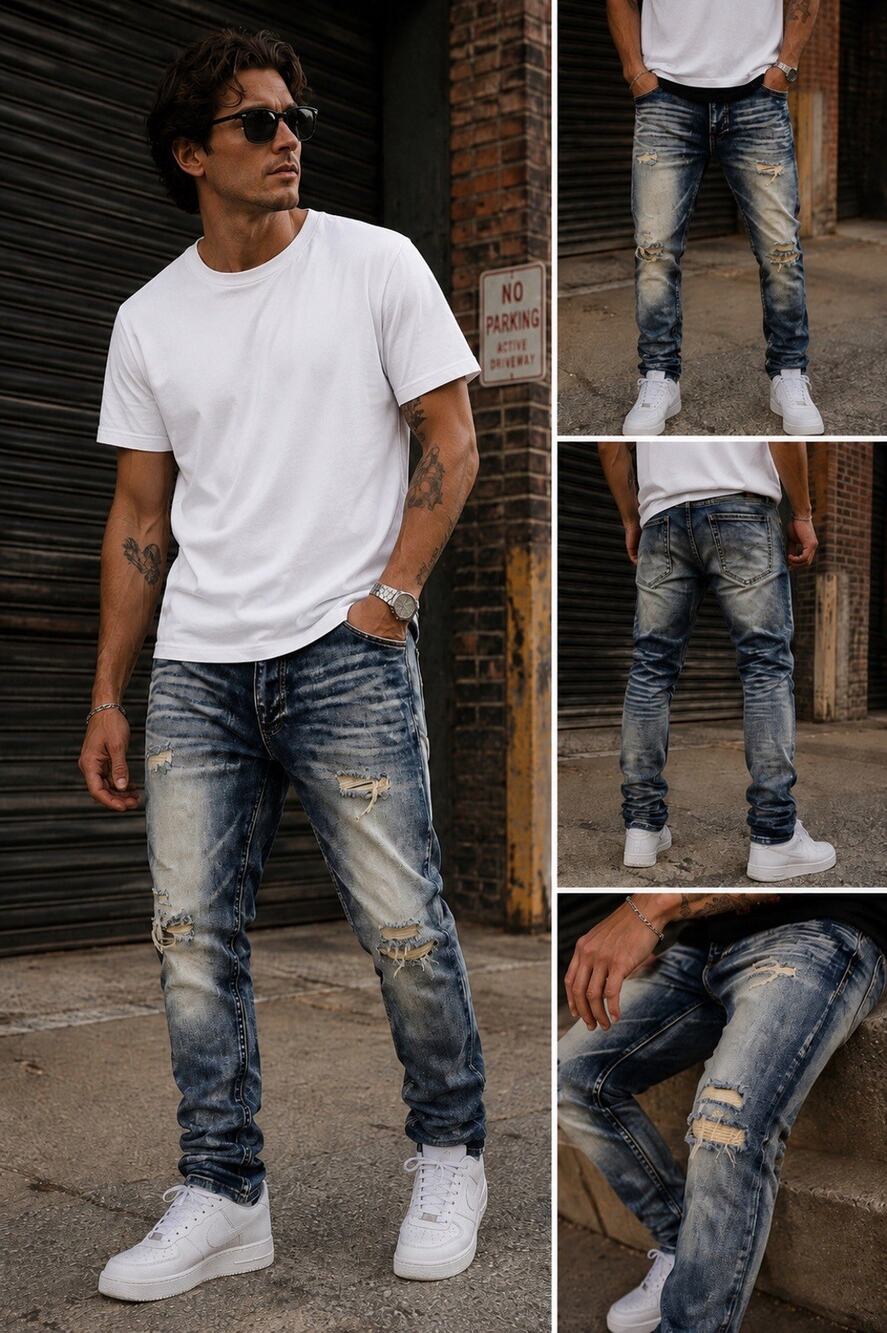 Smoke Rise New York Jeans Mens 38x30 Distressed Skinny Stretch Denim Blue